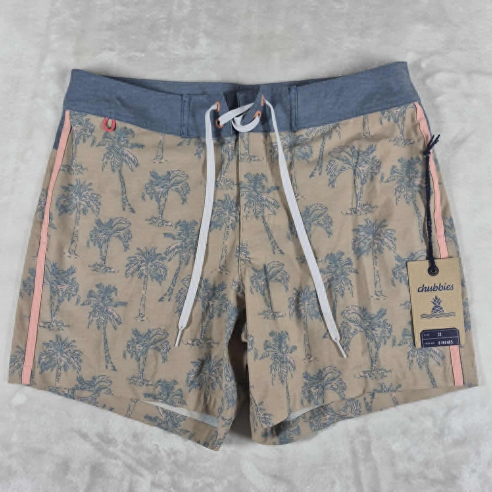 Chubbies Board Shorts Men's 32 Beige Blue 6" Inseam The Isle Of Palms Swim NWT